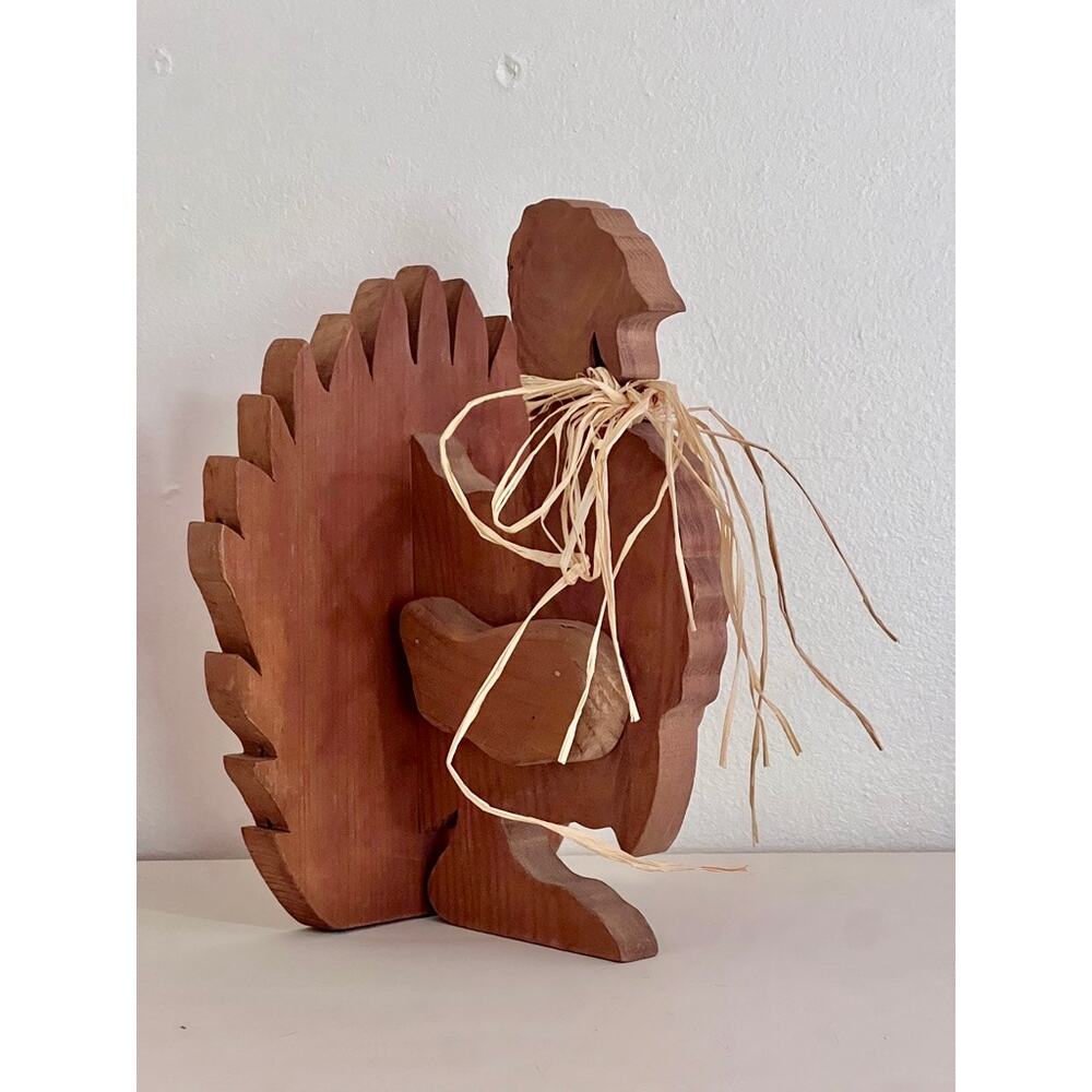Vintage Wooden Cut Out Thanksgiving Decor Turkey Rafia Bow Cottage Country